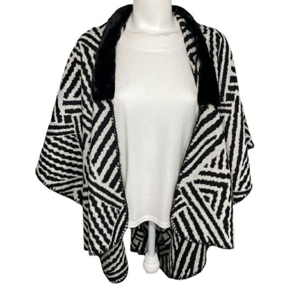LOFT Cardigan Wrap Women's MEDIUM Black White Zebra Faux-Fur Collar Draped NWOT